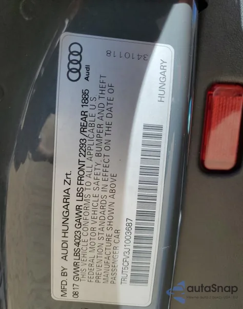 2018 Audi Tt z USA, uszkodzony, nr VIN TRUT5CFV3J1003687